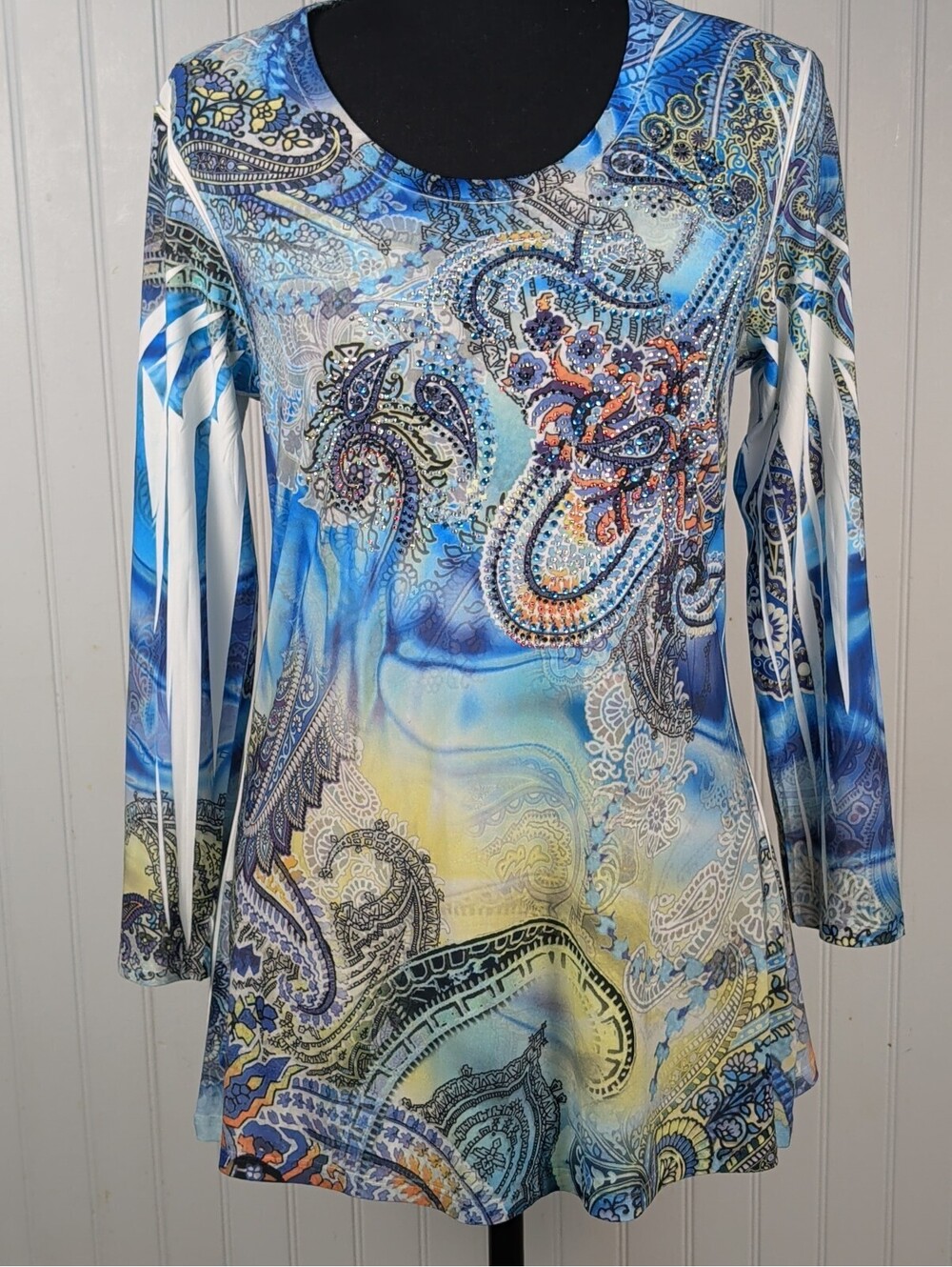 Reba Blue & Orange Paisley Rhinestone Lace Back Tunic Small
